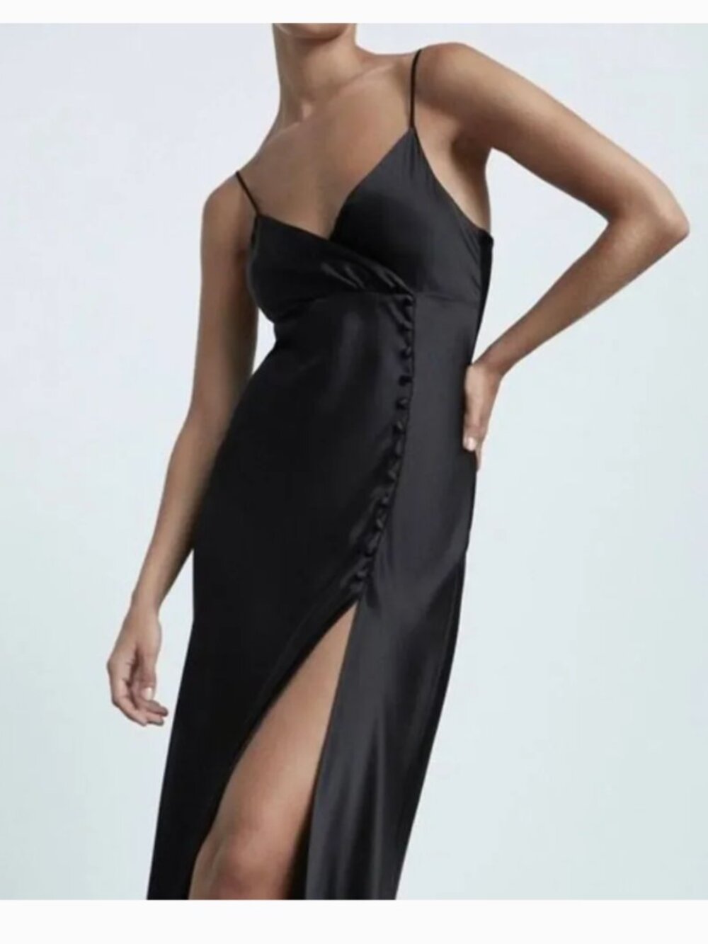 Zara Women's Size XS Black Satin Maxi Dress w/Button Details